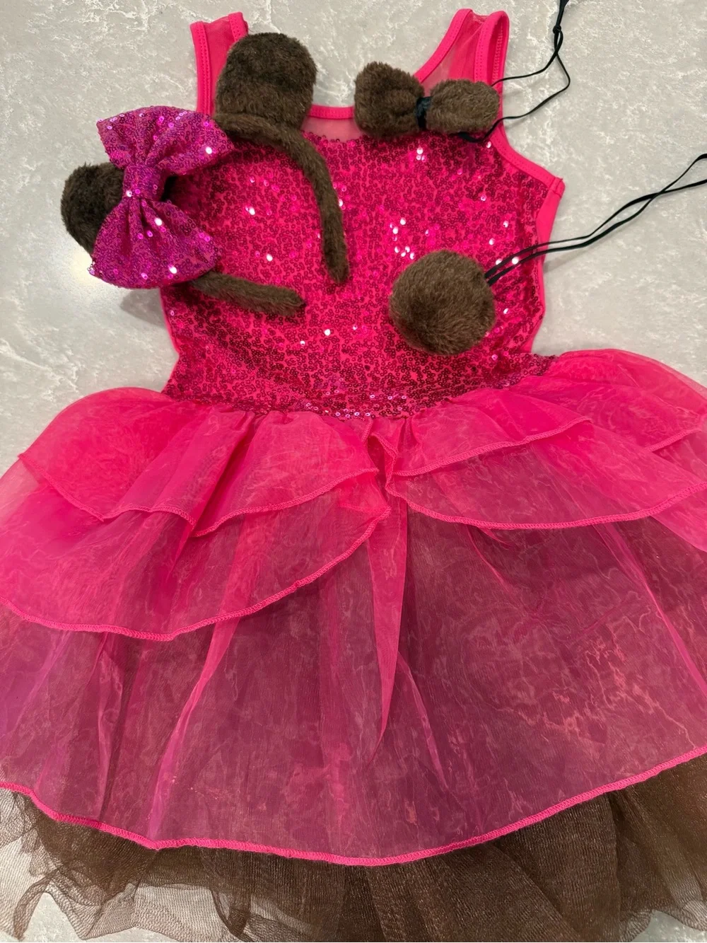 Girls Bear Costume Dress Set Size 7/8 130 Pink Sequin Tutu Dance Recital Costume